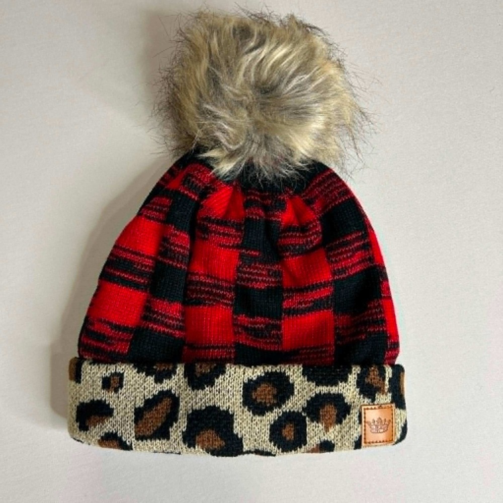 Panache Womens Beanie Red Buffalo Plaid Leopard Print Faux Fur Pom Pom Hat NEW